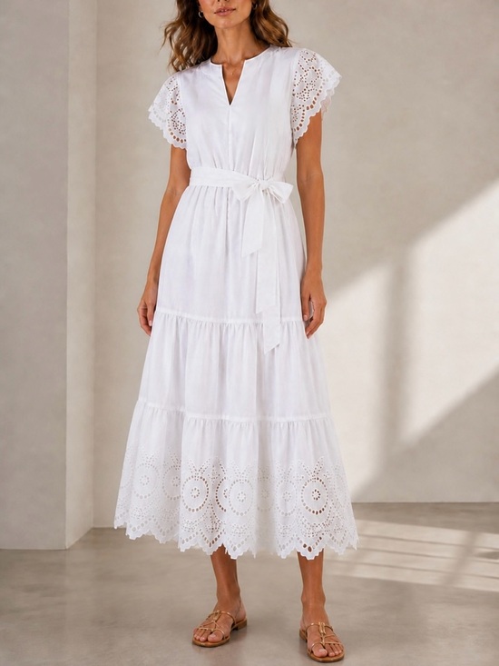 Rails Dresses & Skirts - Rails White Eyelet Tiered Midi Dress with Waist Tie